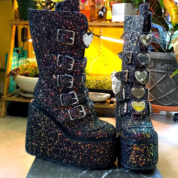Demonia Shoes - Demonia Glitter Platform Heel Buckle Boot Size 9